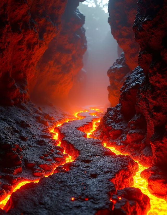 A dramatic lava cave scene showcasing a rugged footpath illuminated by a warm orange light