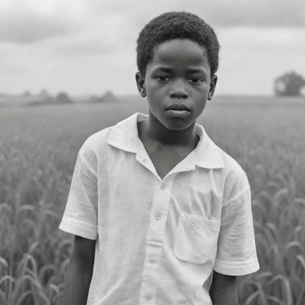 A sketch-like artwork featuring a young African American boy dressed in all white, laboring in a field. His melancholic expression tells a touching story of perseverance amid hardship.