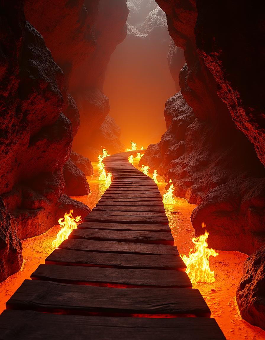 A striking scene inside a closed lava cave featuring a sturdy wooden footpath that extends over glowing molten lava