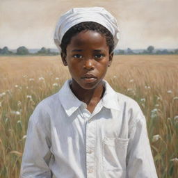 A sketch-like artwork featuring a young African American boy dressed in all white, laboring in a field. His melancholic expression tells a touching story of perseverance amid hardship.