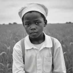 A sketch-like artwork featuring a young African American boy dressed in all white, laboring in a field. His melancholic expression tells a touching story of perseverance amid hardship.