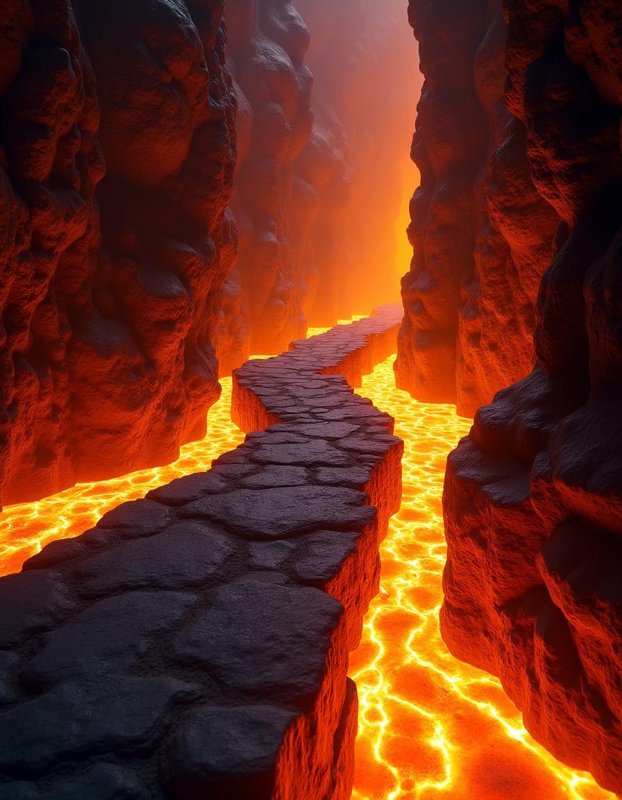 An intriguing scene set inside a closed lava cave, showcasing a narrow stone footpath that precariously stretches over glowing molten lava