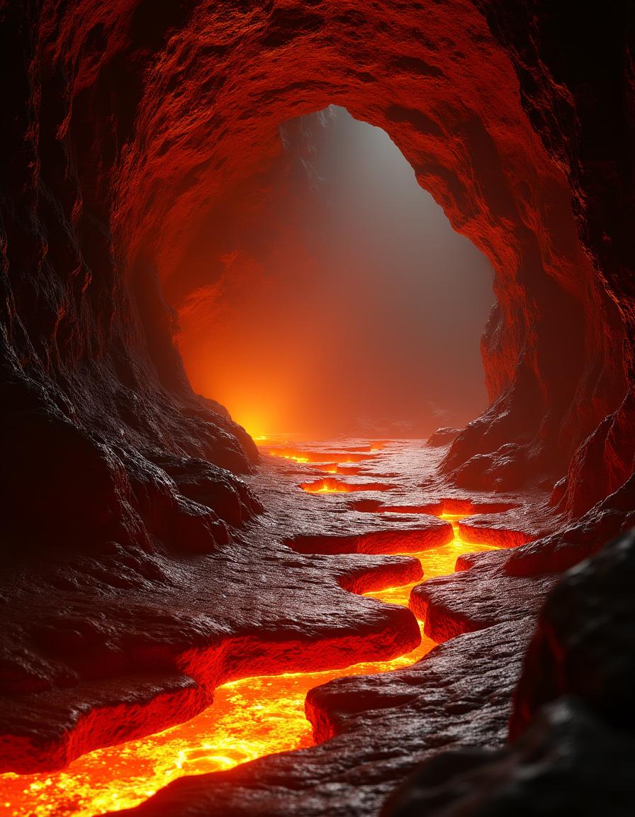 A mesmerizing scene inside a closed lava cave, showcasing a slim stone footpath positioned on the right side of the image