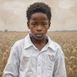 A sketch-like artwork featuring a young African American boy dressed in all white, laboring in a field. His melancholic expression tells a touching story of perseverance amid hardship.