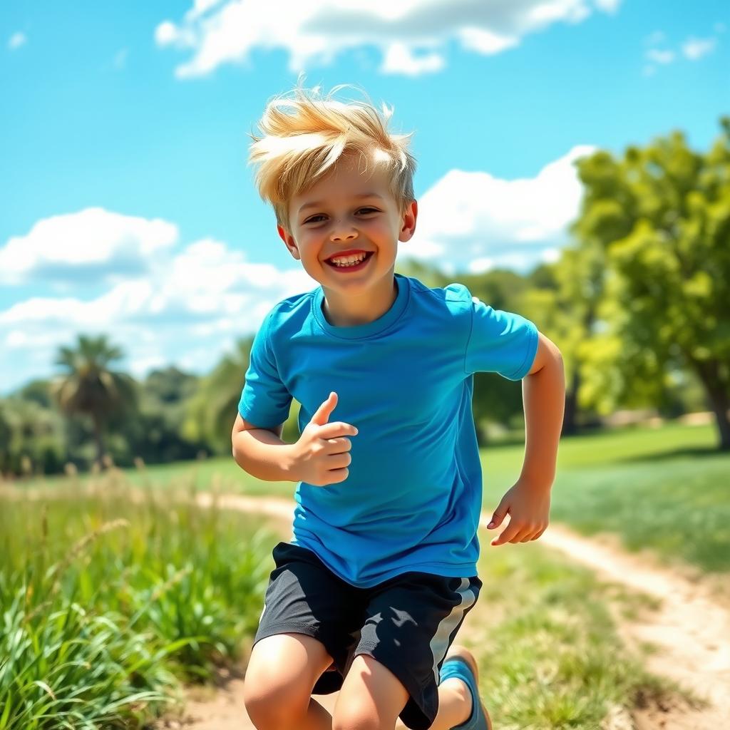 A young athletic white boy running energetically in a sunny park setting