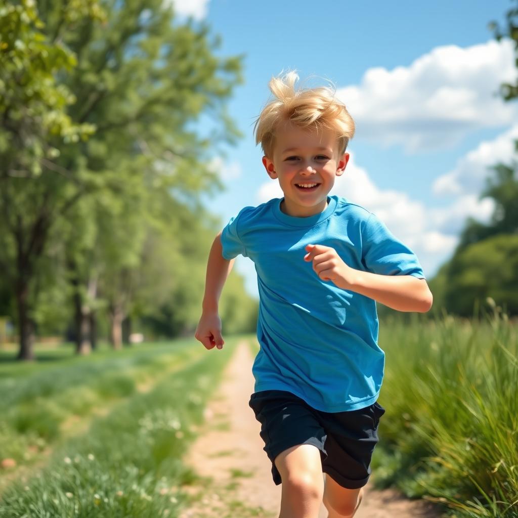 A young athletic white boy running energetically in a sunny park setting