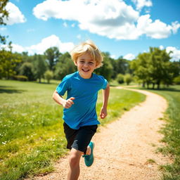 A young athletic white boy running energetically in a sunny park setting