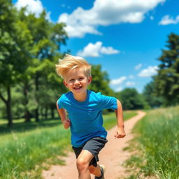 A young athletic white boy running energetically in a sunny park setting