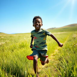 A young black boy joyfully running through an open field, with vibrant green grass and a bright blue sky in the background