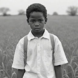 A poignant draft-sketch of a young African American boy, dressed fully in white, working laboriously in a field. His saddened expression is eloquently captured showing a narrative of adversity.