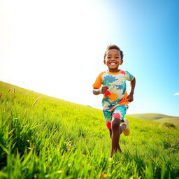 A young black boy joyfully running through an open field, with vibrant green grass and a bright blue sky in the background