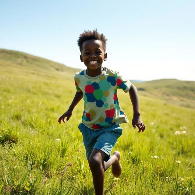 A young black boy joyfully running through an open field, with vibrant green grass and a bright blue sky in the background