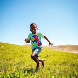 A young black boy joyfully running through an open field, with vibrant green grass and a bright blue sky in the background