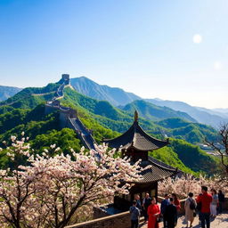 A picturesque landscape of China's beautiful scenery showcasing the Great Wall snaking through lush green mountains under a clear blue sky