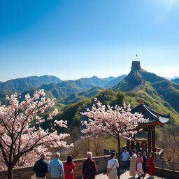 A picturesque landscape of China's beautiful scenery showcasing the Great Wall snaking through lush green mountains under a clear blue sky