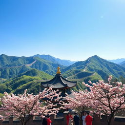 A picturesque landscape of China's beautiful scenery showcasing the Great Wall snaking through lush green mountains under a clear blue sky