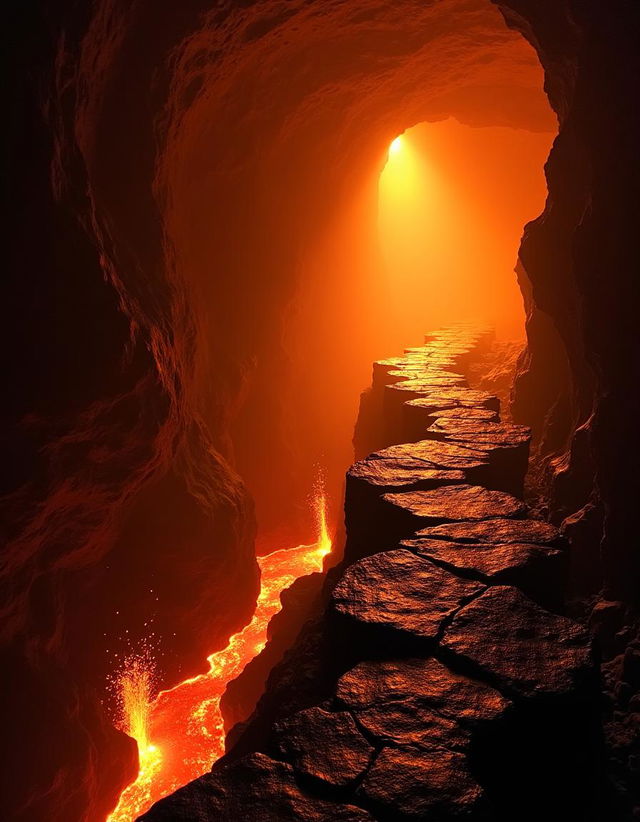 A captivating scene inside a closed lava cave, illuminated by bright orange light casting a warm glow throughout