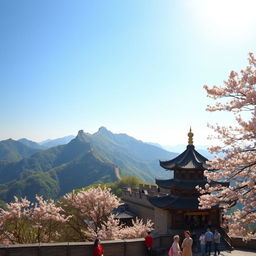 A picturesque landscape of China's beautiful scenery showcasing the Great Wall snaking through lush green mountains under a clear blue sky