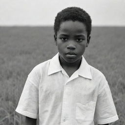 A poignant draft-sketch of a young African American boy, dressed fully in white, working laboriously in a field. His saddened expression is eloquently captured showing a narrative of adversity.