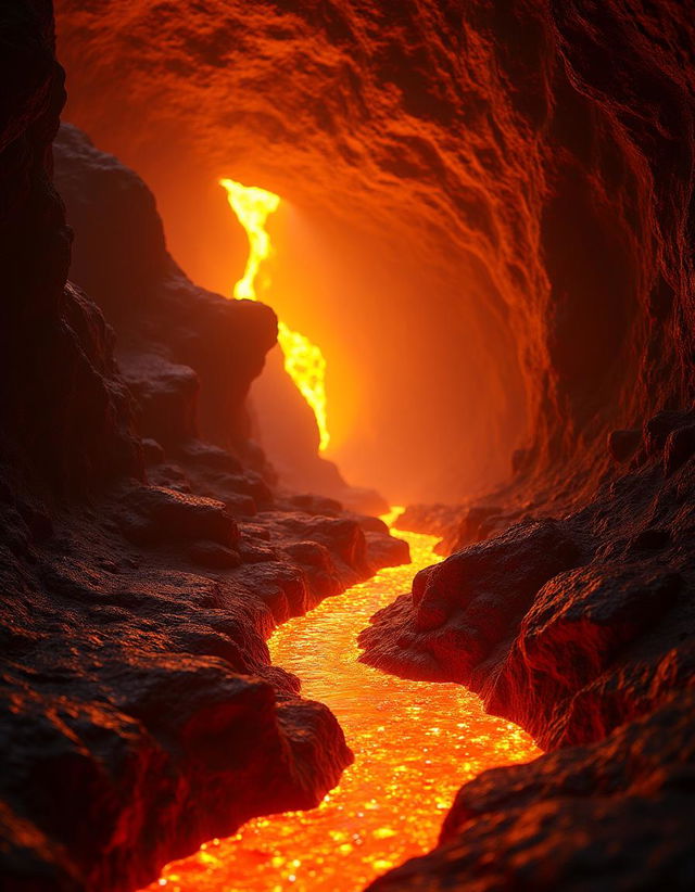 An enchanting lava cave filled with bright orange light radiating from the glowing lava flows