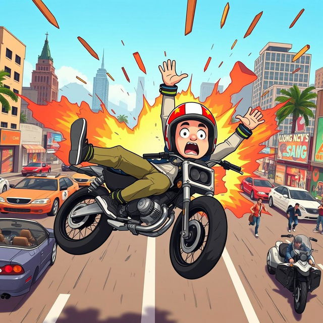 A humorous and chaotic scene depicting a character falling off a motorcycle in Grand Theft Auto V