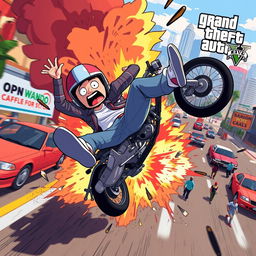 A humorous and chaotic scene depicting a character falling off a motorcycle in Grand Theft Auto V