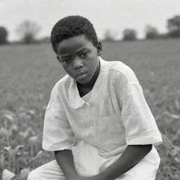 A poignant draft-sketch of a young African American boy, dressed fully in white, working laboriously in a field. His saddened expression is eloquently captured showing a narrative of adversity.