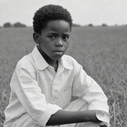 A poignant draft-sketch of a young African American boy, dressed fully in white, working laboriously in a field. His saddened expression is eloquently captured showing a narrative of adversity.