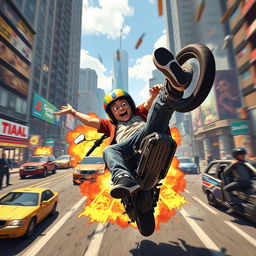 A humorous and chaotic scene depicting a character falling off a motorcycle in Grand Theft Auto V, with a wide 19:6 aspect ratio