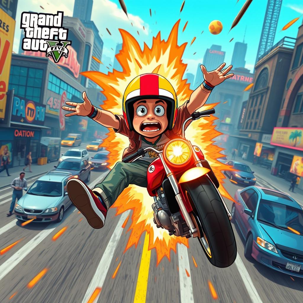 A humorous and chaotic scene depicting a character falling off a motorcycle in Grand Theft Auto V, with a wide 19:6 aspect ratio