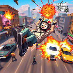 A humorous and chaotic scene depicting a character falling off a motorcycle in Grand Theft Auto V, with a wide 19:6 aspect ratio