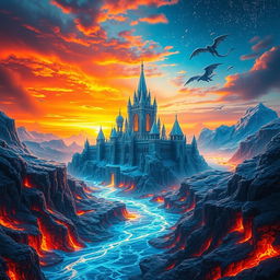 A breathtaking fantasy landscape depicting a kingdom of fire and ice, featuring vivid contrasts between fiery lava flows and shimmering icebergs