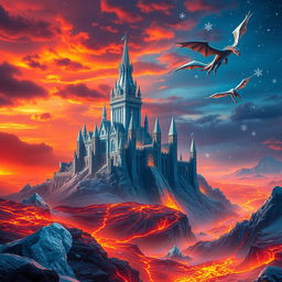 A breathtaking fantasy landscape depicting a kingdom of fire and ice, featuring vivid contrasts between fiery lava flows and shimmering icebergs