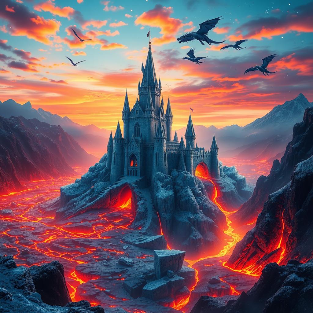 A breathtaking fantasy landscape depicting a kingdom of fire and ice, featuring vivid contrasts between fiery lava flows and shimmering icebergs