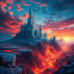 A breathtaking fantasy landscape depicting a kingdom of fire and ice, featuring vivid contrasts between fiery lava flows and shimmering icebergs