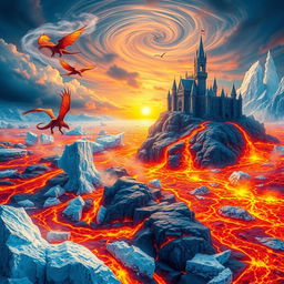 A fantastical landscape depicting the Kingdom of Fire and Ice, where vivid, molten lava rivers flow through a frozen world of glittering ice crystals and majestic glaciers