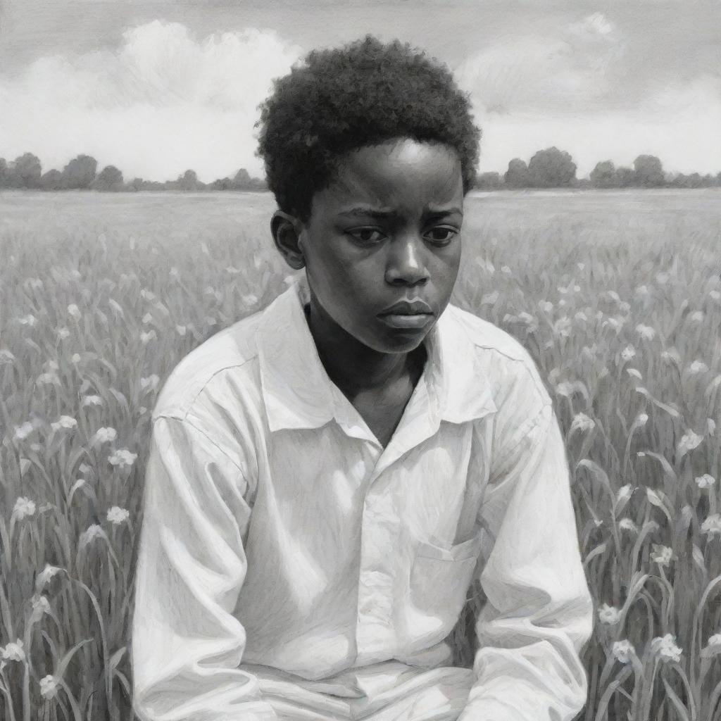 A detailed 2D sketch depicting a somber African American boy dressed in all white, hard at work in a field. His sadness is palpable, reflecting the hardships he endures.