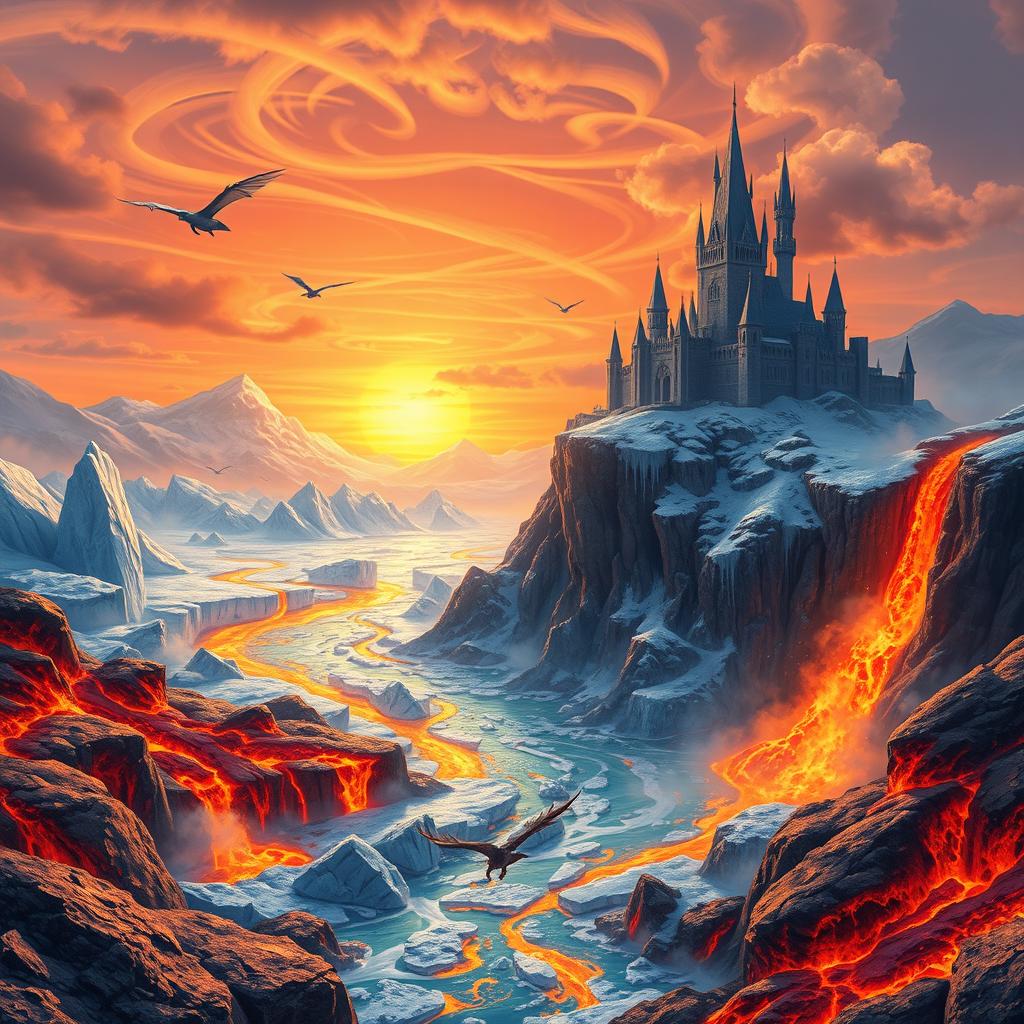 A fantastical landscape depicting the Kingdom of Fire and Ice, where vivid, molten lava rivers flow through a frozen world of glittering ice crystals and majestic glaciers