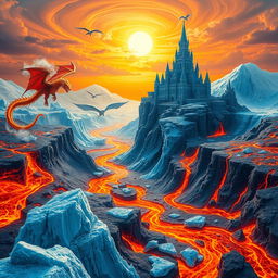 A fantastical landscape depicting the Kingdom of Fire and Ice, where vivid, molten lava rivers flow through a frozen world of glittering ice crystals and majestic glaciers