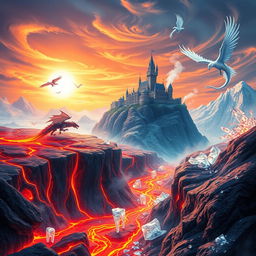 A fantastical landscape depicting the Kingdom of Fire and Ice, where vivid, molten lava rivers flow through a frozen world of glittering ice crystals and majestic glaciers