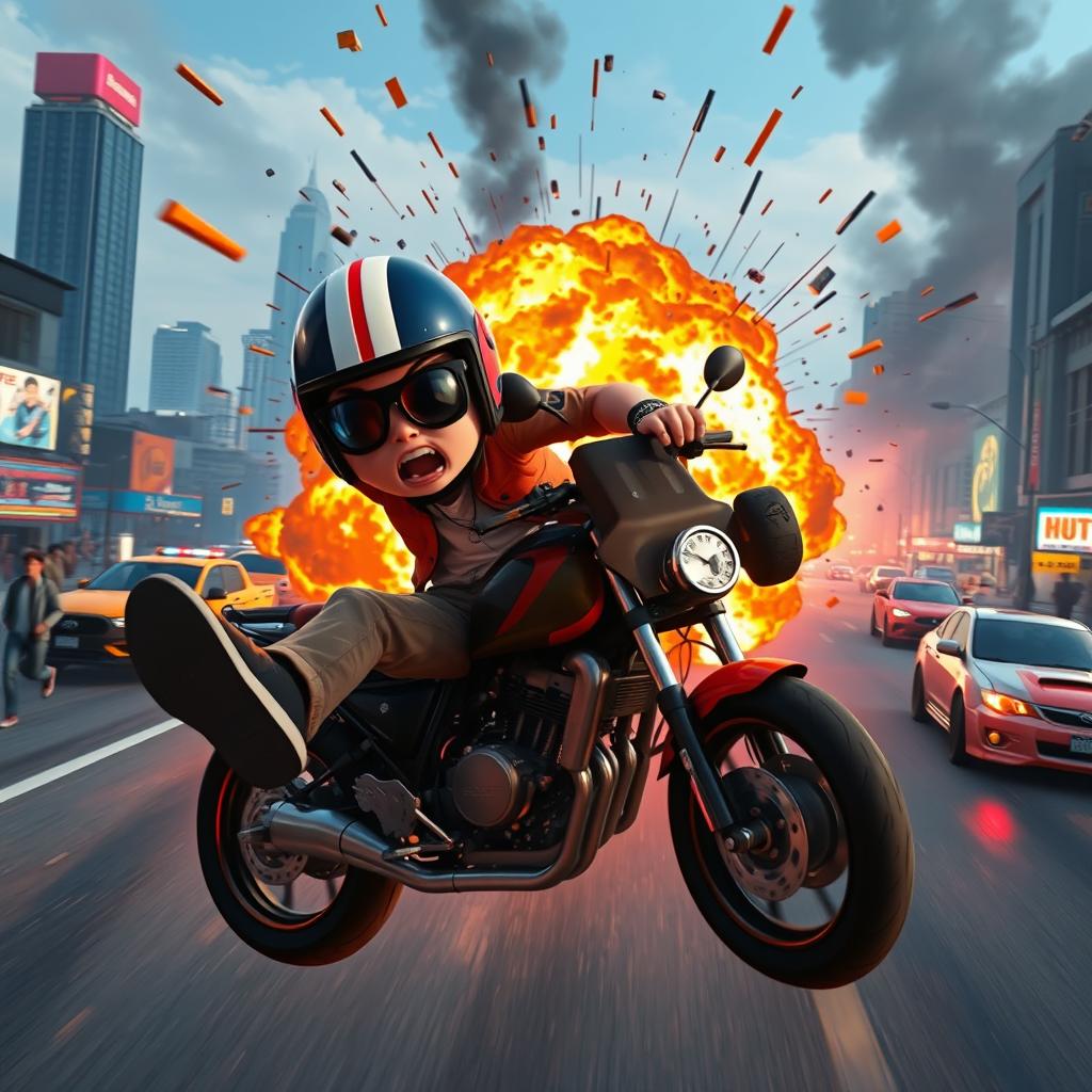 A chaotic and humorous scene capturing the moment a character falls off a motorcycle that has just exploded in Grand Theft Auto V, framed in a 19:6 aspect ratio