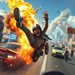 A chaotic and humorous scene capturing the moment a character falls off a motorcycle that has just exploded in Grand Theft Auto V, framed in a 19:6 aspect ratio