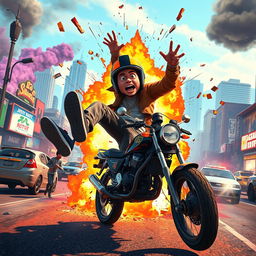 A chaotic and humorous scene capturing the moment a character falls off a motorcycle that has just exploded in Grand Theft Auto V, framed in a 19:6 aspect ratio