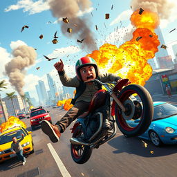 A chaotic and humorous scene capturing the moment a character falls off a motorcycle that has just exploded in Grand Theft Auto V, framed in a 19:6 aspect ratio