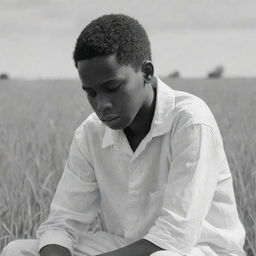 A detailed 2D sketch depicting a somber African American boy dressed in all white, hard at work in a field. His sadness is palpable, reflecting the hardships he endures.