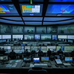 The expansive desk in the SWAT Control Room, filled with numerous screens displaying real-time data, strategic maps, and intricate communications equipment.