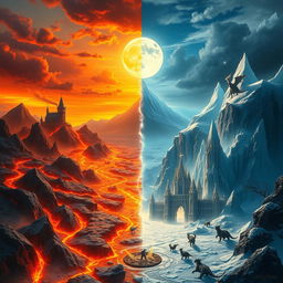 An epic fantasy scene showcasing the divided Kingdom of Fire and Ice