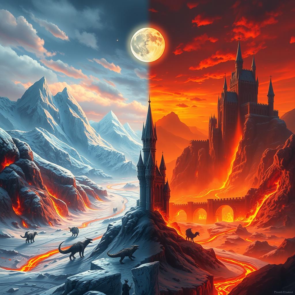 An epic fantasy scene showcasing the divided Kingdom of Fire and Ice