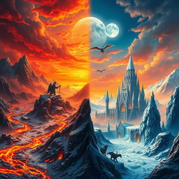 An epic fantasy scene showcasing the divided Kingdom of Fire and Ice