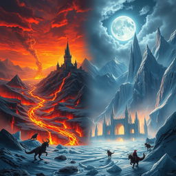 An epic fantasy scene showcasing the divided Kingdom of Fire and Ice